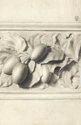Ritning av frukt från gipsgjuten relief (mjuk penna på papper)